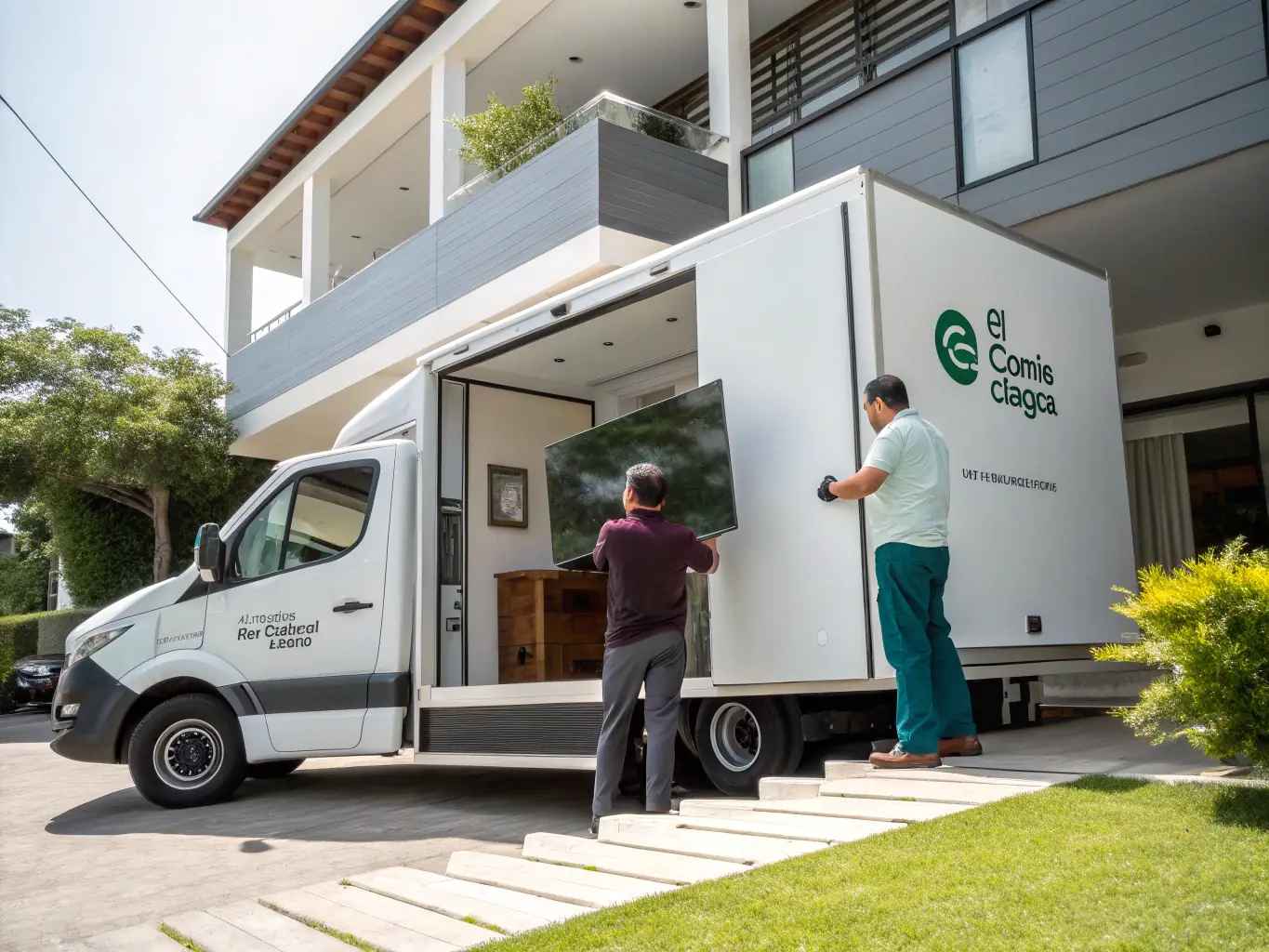 A delivery truck unloading electronic appliances at a customer's doorstep, with a professional technician assisting, showcasing TecnoEntregas' reliable home delivery service for El Corte Inglés.