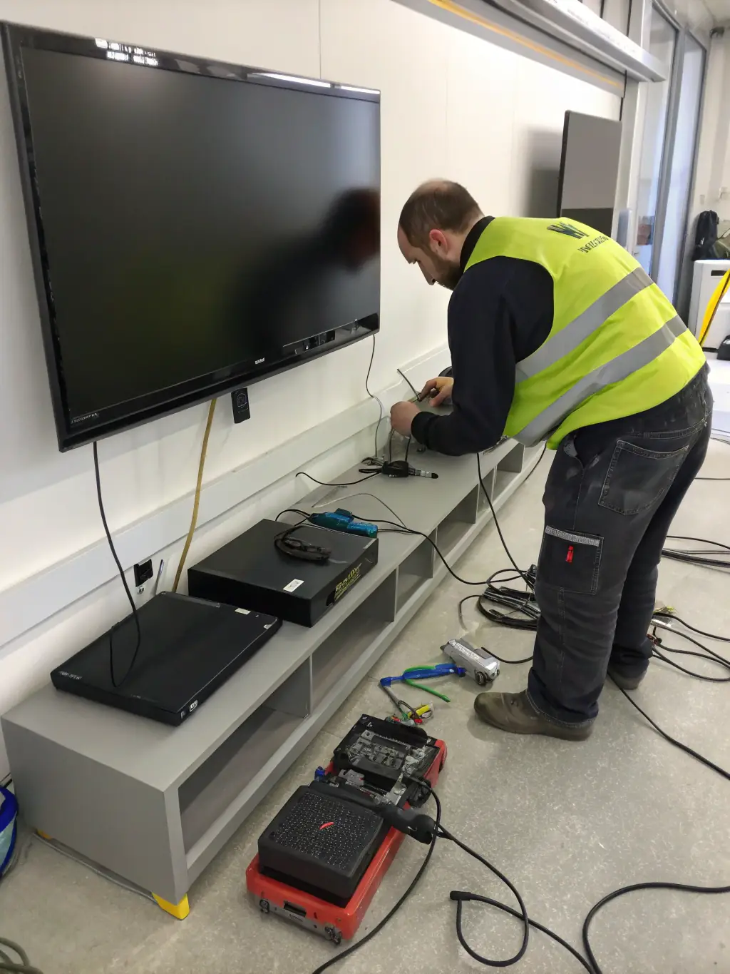 A high-resolution image of a technician using a laser level and other precision tools to install a large flat-screen TV on a customer's wall.