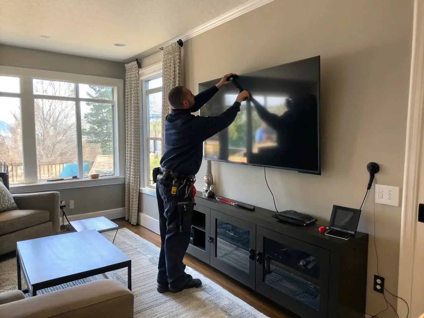 A technician installing a flat-screen TV on a wall in a modern living room, demonstrating TecnoEntregas' expert electronic equipment installation service.
