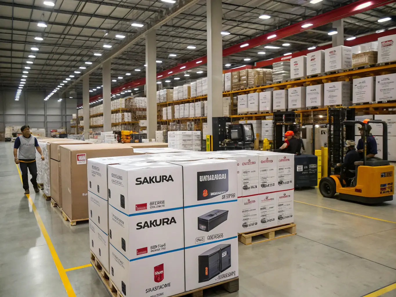 A well-organized warehouse with electronic appliances ready for delivery, highlighting TecnoEntregas' logistical capabilities for El Corte Inglés.
