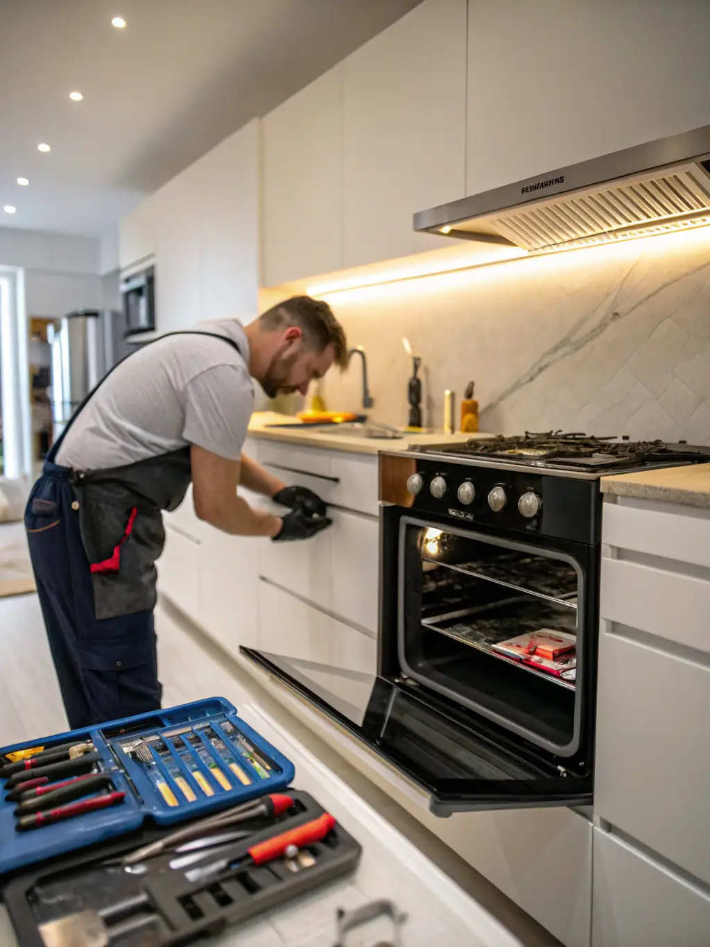A photograph of a technician using a diagnostic tool to troubleshoot an electronic appliance during an installation, highlighting TecnoEntregas' commitment to quality.